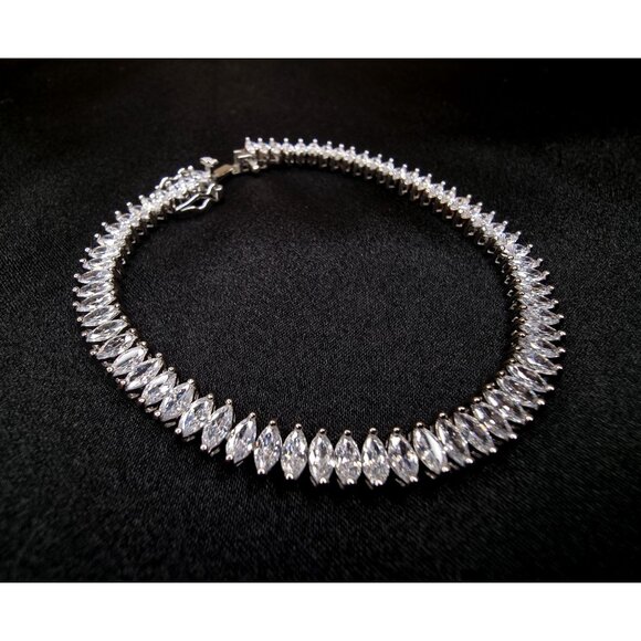 Marquise-Cut Cubic Zirconia Tennis Bracelet 925 Sterling Silver FAS Signed Elega - Picture 3 of 5